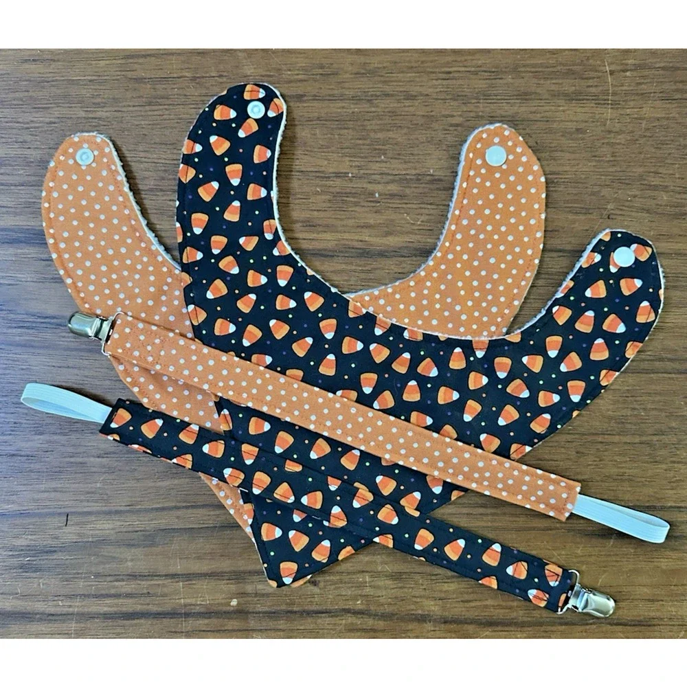 2 Handmade Baby Bib Gift Set Bib & Pacifier Clip Candy Corn Polka Dot